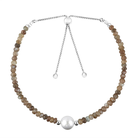 CRYSTALINES Natural Grey Moonstone Gemstones Beads Bolo Bracelets with Pearl, Handmade, Beaded Bracelet, Real Crystals Jewelry, Women Bracelet, Silver Plated Adjustable Chain 6+4inch, A Grade