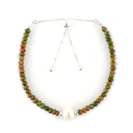 CRYSTALINES Natural Unakite Gemstones Beads Bolo Bracelets with Pearl, Handmade, Beaded Bracelet, Real Crystals Jewelry, Women Bracelet, Silver Plated Adjustable Chain- 6+4inch, AAA Grade