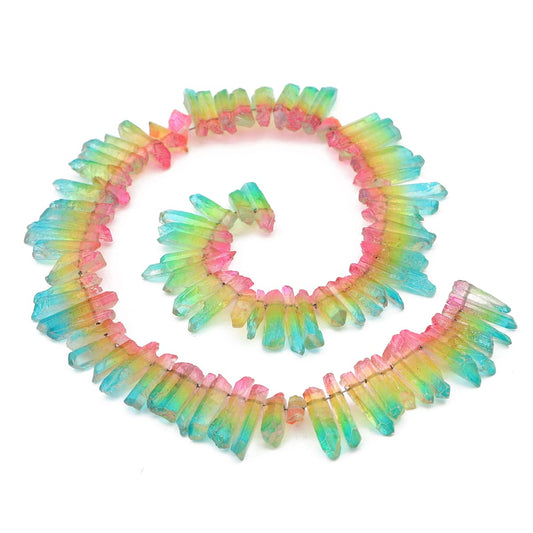 BEADIA Pink/Green Titanium Coated Crystal Quartz Spike Point Stick Beads Rough 1.0"-1.5" for Jewelry Making 15 Inch/Strand