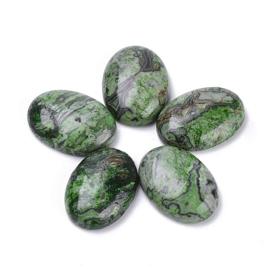 Fashewelry 20Pcs Natural Oval Green Ripple Jasper Flat back Gemstone Cabochons 25x18mm Healing Chakra Crystal Stone Bead Cab Covers No Hole for Jewelry Craft Making