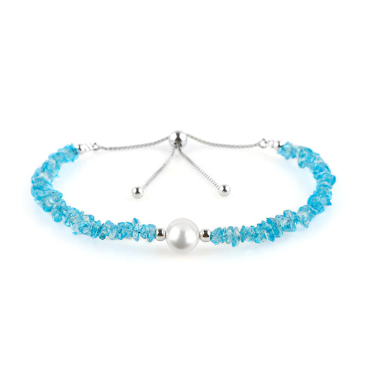 CRYSTALIS Natural Swiss-Blue-Topaz Beads Slider Bolo Bracelet with Elegant Pearl, Uncut Chips Nuggets Crystals, Chakra Healing Gemstone, Women Jewelry, 925 Sterling Silver Slider 10 inch