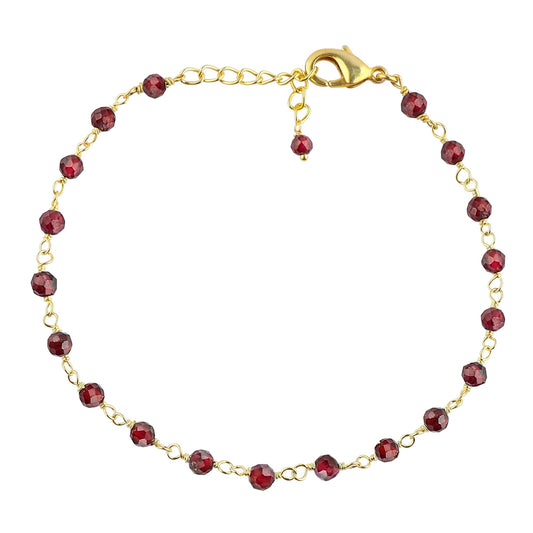 CRYSTALINES Natural Garnet Gemstones Bracelet Handmade Hypoallergenic Gold Plated Jewelry for Women Healing Crystals Microfaceted Beads Rosary Chain Boho January Birthstone Bracelet, 7+1inch