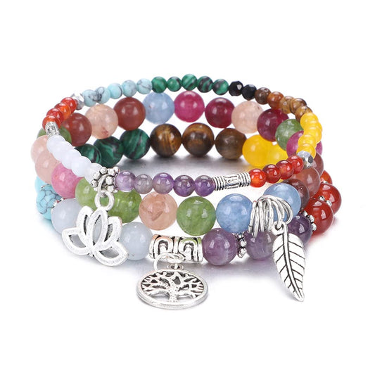 UEUC Natural Gemstone Chakra Bracelets for Women, Multilayer Tree of Life Lotus Crystal Healing Stone Bracelet Sets, Yoga Meditation Reiki Relax Bracelets for Stress Relief(#122)