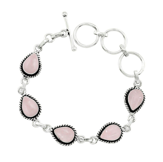 Natural Rose Quartz Silver Plated Link Bracelet for Women - Pink Stone January Birthstone Handmade Vintage Style Adjustable Jewelry Bracelet - Wedding Gifts for Her