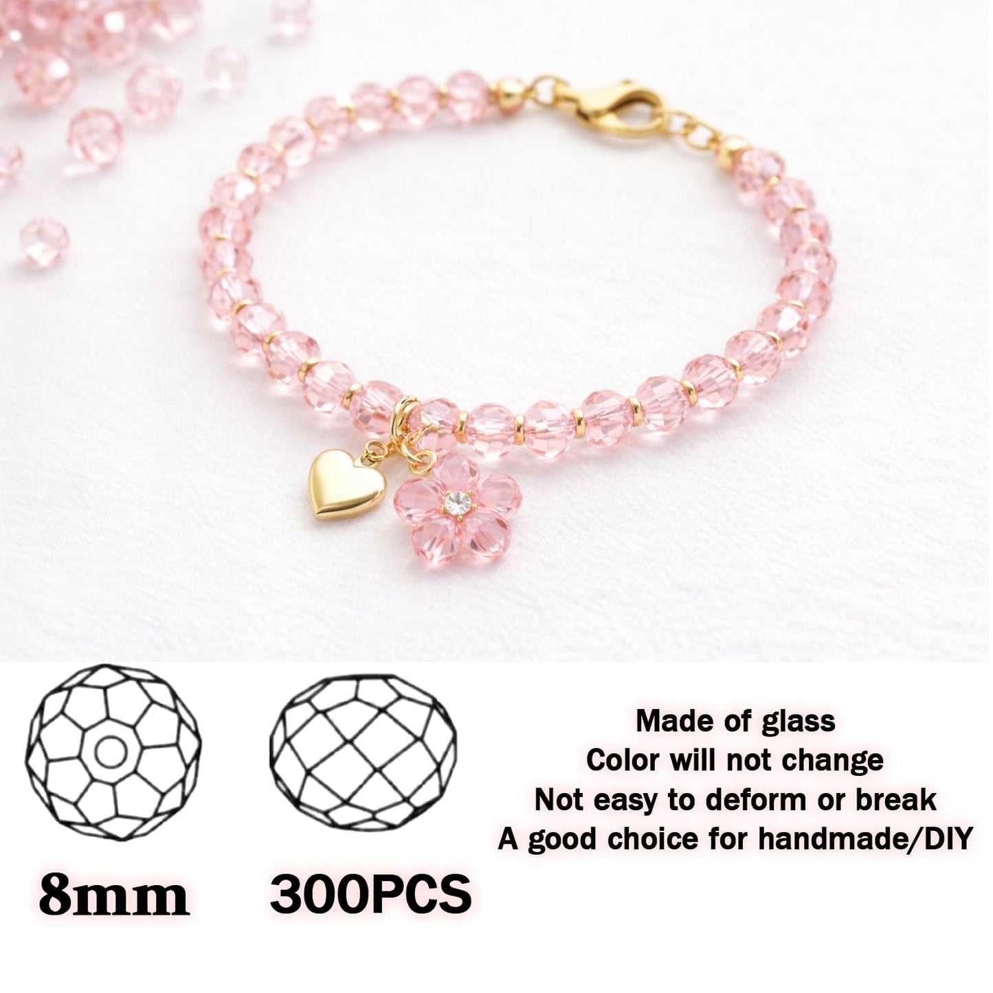 Kutiayta 8mm Faceted Glass Beads, 300PCS Bulk Crystal Beads for Jewelry Making, DIY Bracelet Necklace Crafts, Round Transparent Beads