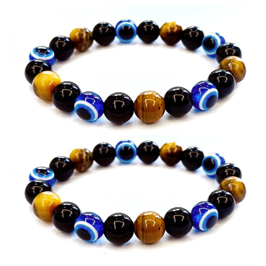 WEFRIN Triple Protection Bracelet for Bring Luck and Prosperity Hematite Black Obsidian Tiger Eye Stone Bracelets for Men Women, Beaded Buddha Healing Rope Uni Bracelet (2pcs) (I)