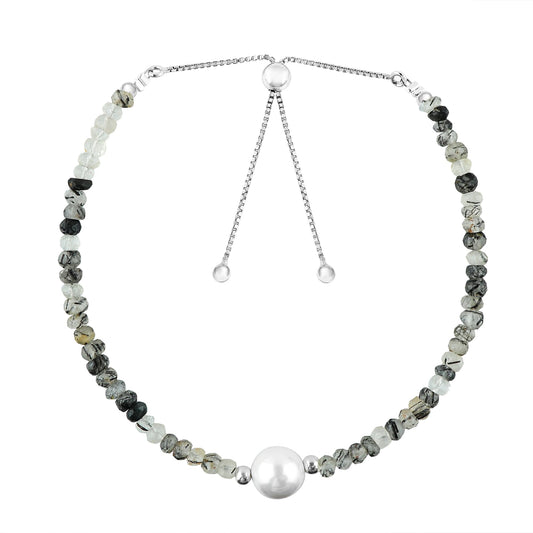 CRYSTALINES Natural Black Rutilated Quartz Gemstones Beads Bolo Bracelet with Pearl, High Grade, Handmade Bracelet, Healing Crystals, Silver Jewelry, Adjustable Chain, Gift for Women, 10inch