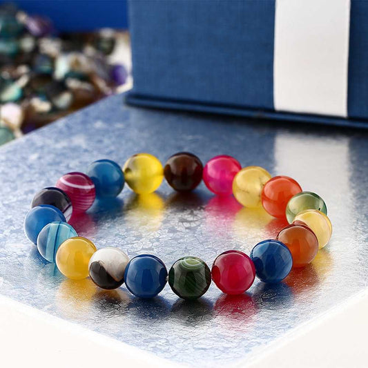 Gem Stone King Multi Color Agate Gemstone Beaded Stretch Stretchy Bracelet For Women | 10MM Round Beads | Fits up to 8.5 Inches Wrist