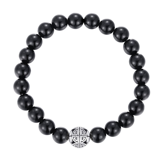 MetJakt Healing Crystals Beaded Bracelets for Womens Natural Gemstone 8mm Beads Stretch Bracelets with 925 Sterling Silver Double Happiness Pendant (Black Agate)