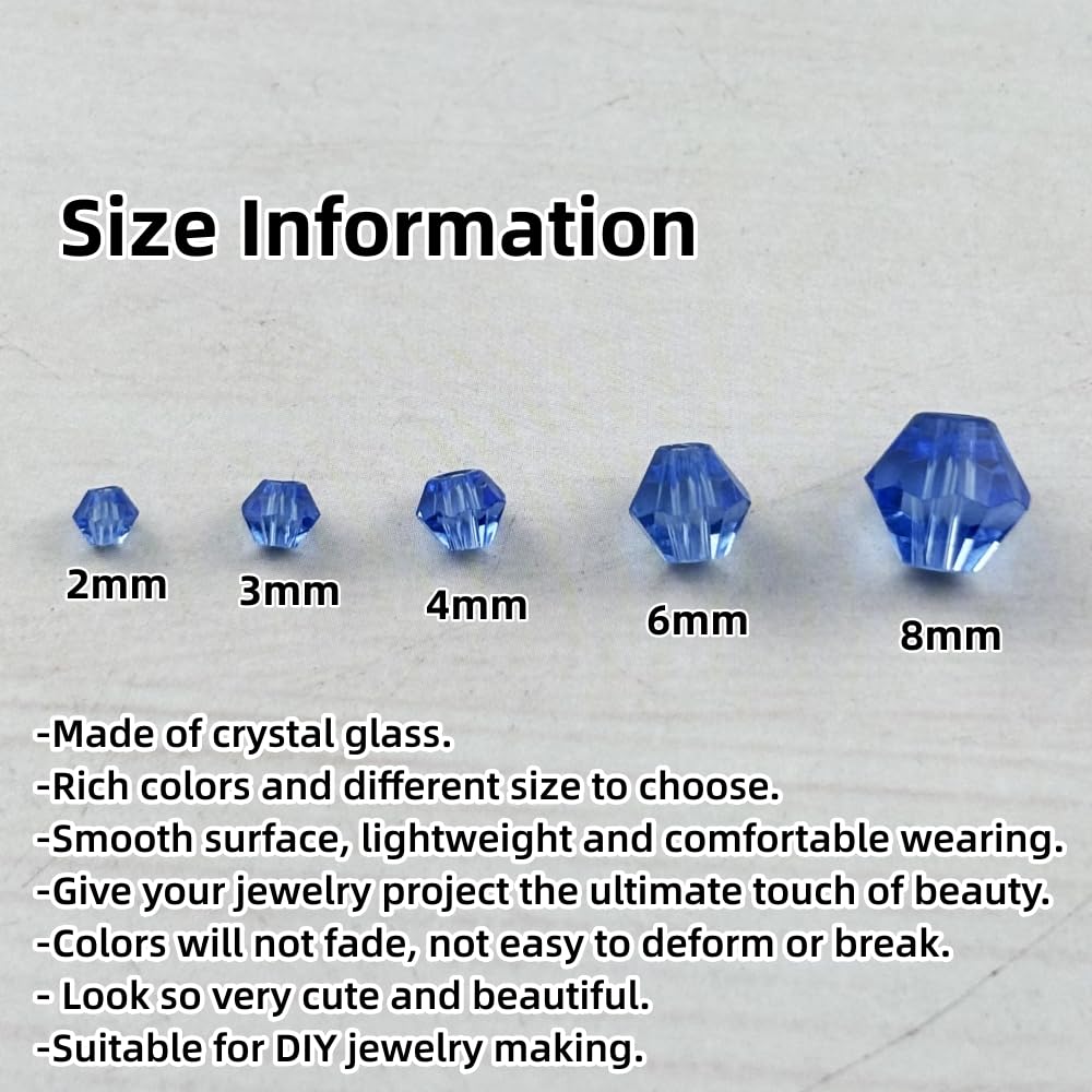 Pinhoollgo 1310pcs Bicone Crystal Glass Beads 2mm 3mm 4mm 6mm 8mm Faceted Crystal Spacer Beads for Bracelets Necklace Pendants Earrings DIY Jewelry Craft Making(Light Blue)