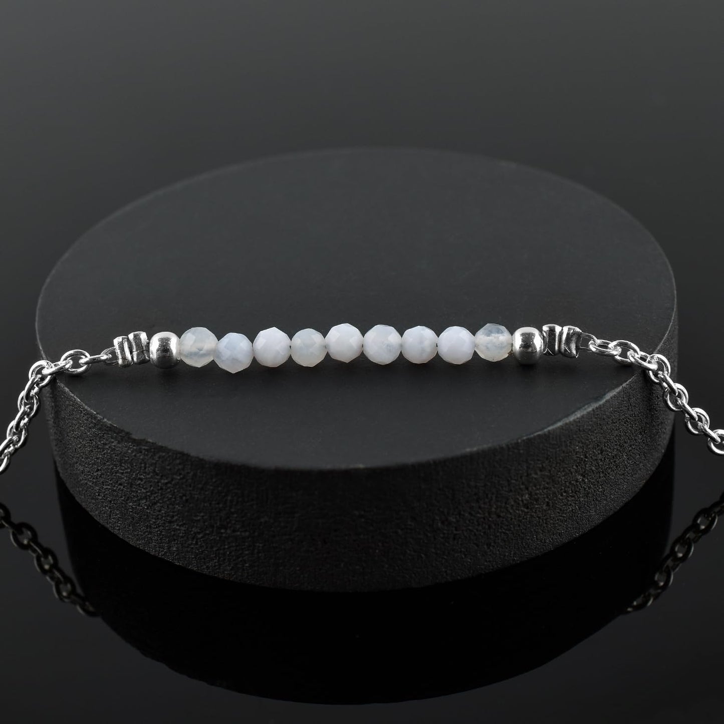 YANARA Blue lace Agate Ankle Bracelet for Women Jewelry, Natural Birthstone, Gemstone Beads, Handmade Dainty Anklet 9"+1.25" inch, 3mm Rounds, Chakra Energy Crystals, Silver Plated Chain