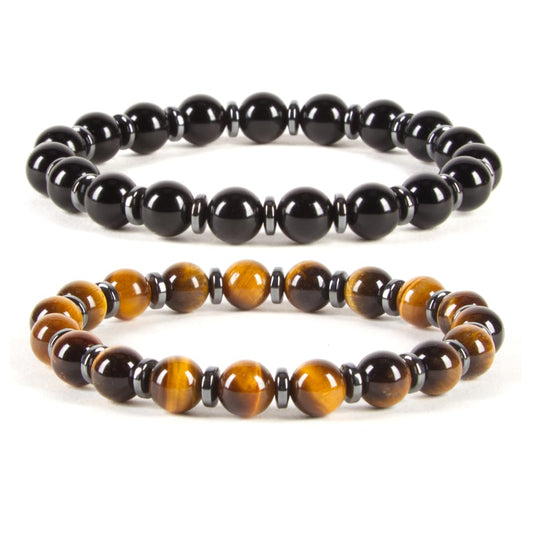 Cherry Tree Collection Protection Set (Black Obsidian & Tiger’s Eye) – Genuine 8mm Gemstone Stretch Bracelet for Men & Women – Handmade Crystal Bracelet - (Protection Set - S)