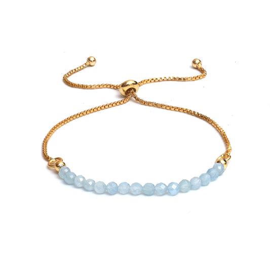 Gempires Birthstone Bracelets for Women, March Birthstone Jewelry, Aquamarine Gemstone Bolo Bracelet, 14k Gold Plated Chain (6-9 inch Adjustable Length)