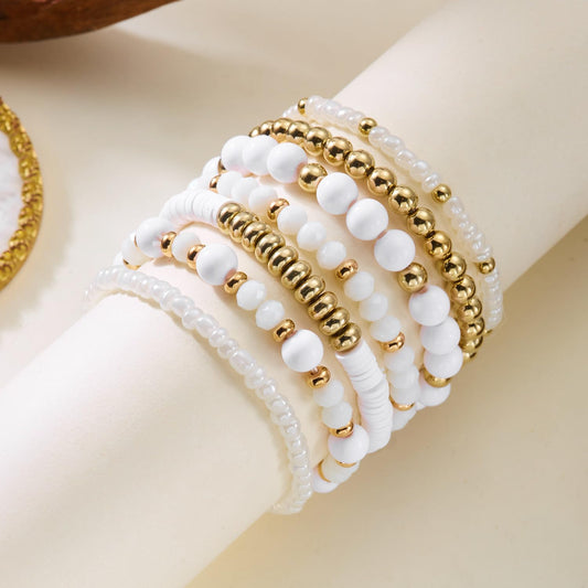 LOTSOF Boho Multilayer Beaded Bracelets Set for Women - Vintage Gold & Brown Stackable Stretch Bracelets, Bohemian Handmade Jewelry for Daily Style & Gifting (White)