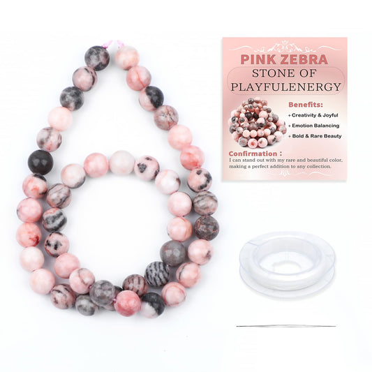 CMBYN Natural Stone Beads Round Genuine Real Stone Beading Strand Loose Gemstones DIY Smooth Bead for Bracelet Necklace Earrings Jewelry Making (Pink Zebra, 8mm 45 Pieces)