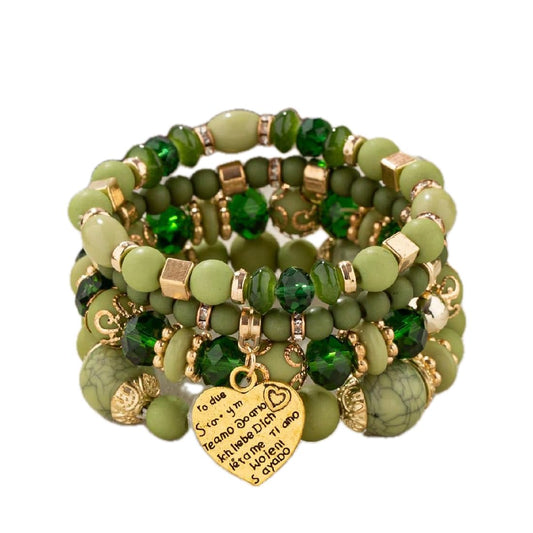 Jewellify Stackable Beaded Bracelets for Women Retro Tassel Multi-Layer Mixed Color Beaded Bracelet Bangles Set Gemstone Woven Female Jewelry Bracelet (Green)