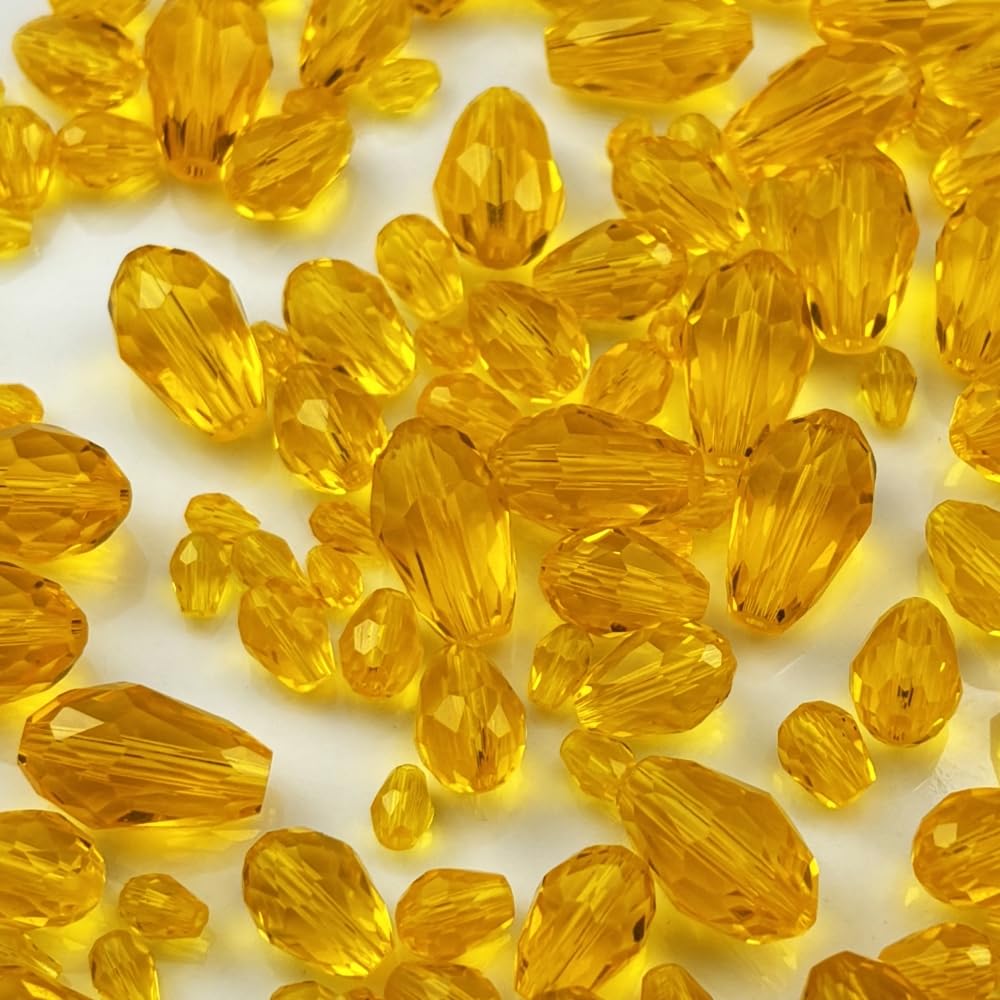 Xinhongo 340pcs Teardrop Crystal Glass Beads 3x5mm 4x6mm 6x8mm 8x12mm 10x15mm Vertical Hole Faceted Glass Spacer Beads for Necklace Bracelet Earrings DIY Jewelry Crafts(Gold Yellow)