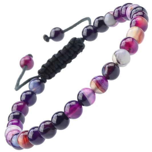 MASSIVE BEADS Natural Healing Power Gemstone Crystal Beads Unisex Adjustable Macrame Bracelets 6mm (Agate Purple, 6mm)