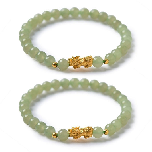 Long tiantian Green Beaded Bracelet for Women with Gold Tone Pixiu Charm, Minimal Stretch Bracelet with Round Beads for Daily Wear and Thoughtful Gifting