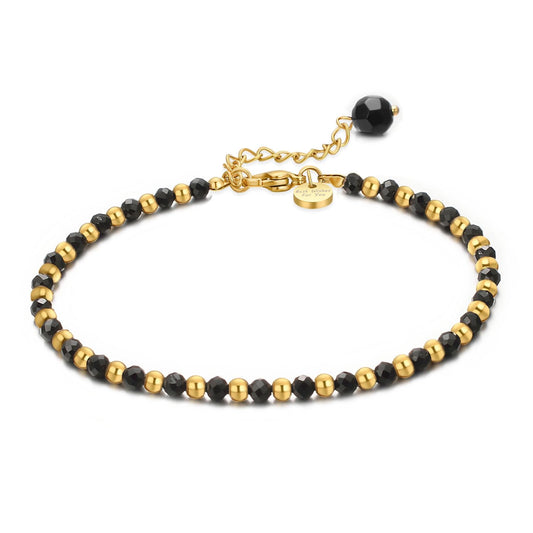 vissen Black and Gold Bracelet Beaded Black Natural Stone Bracelet for Women Black Crystal Gold Plated Bracelets Adjustable Jewellery