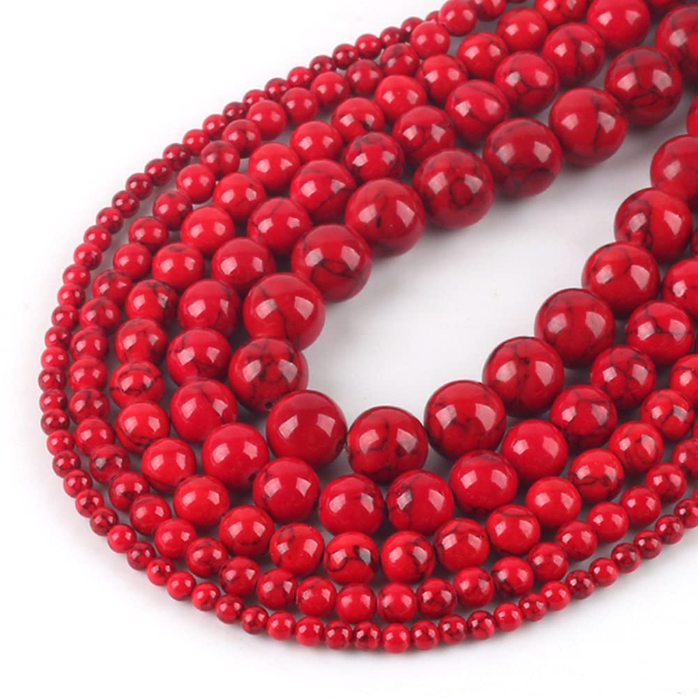 12mm 30pcs Beads Howlite Turquoises Natural Stone Jewelry Vintage Findings Necklace Earrings Crystal Bohemian Style Boho Component Bracelet Making DIY (12mm, Red Round)