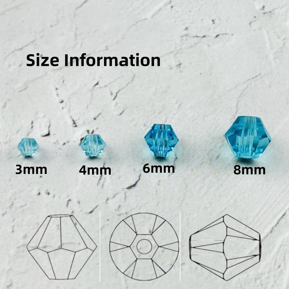 YUEXIGO 100pcs 8mm Bicone Glass Crystal Beads for Jewelry Making, Faceted Bicone Glass Spacer Beads for Bracelet Earring Necklace DIY Craft(Light Lake Blue)