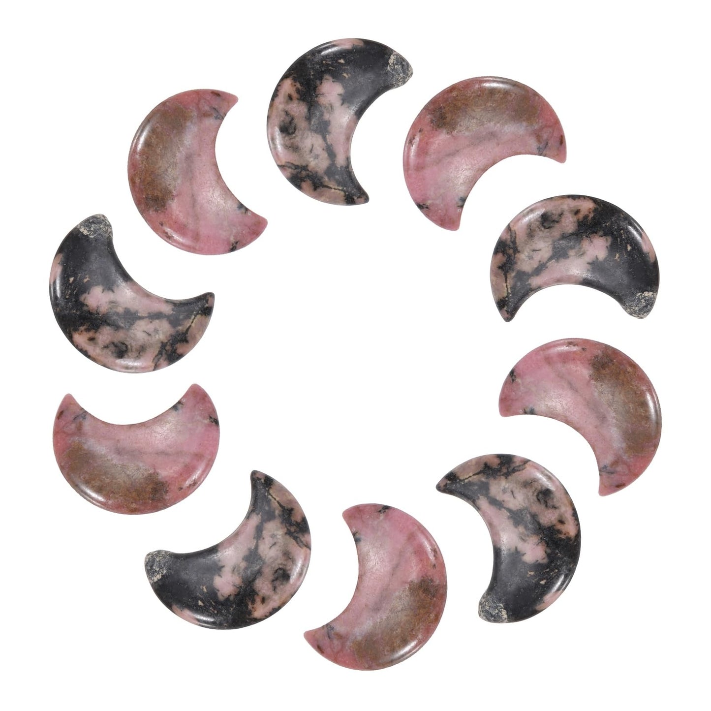 MECCANIXITY 10 Pcs Moon Crystal Worry Stone, 1.2 Inch Length Natural Rhodonite Moon Gemstone Bulk, Carved Pocket Stones for Meditation Balancing Pendant Decor