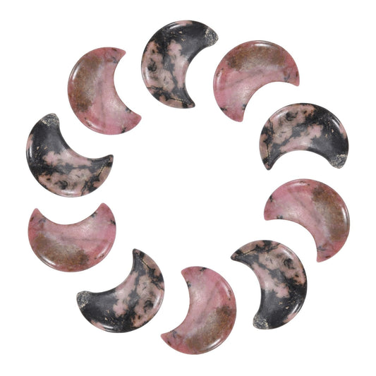 MECCANIXITY 10 Pcs Moon Crystal Worry Stone, 1.2 Inch Length Natural Rhodonite Moon Gemstone Bulk, Carved Pocket Stones for Meditation Balancing Pendant Decor