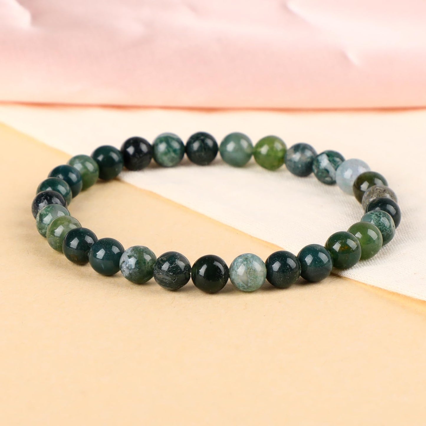 LPBeads Handmade Natural Gemstone Stretch Elastic 6mm Moss Agate Bracelet Healing Crystal Round Stone Beads Jewelry Gifts for Women Men