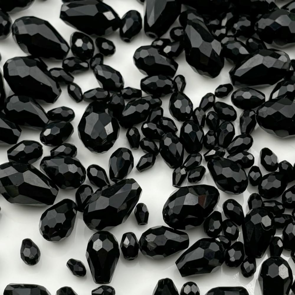 Xinhongo 340pcs Teardrop Crystal Glass Beads 3x5mm 4x6mm 6x8mm 8x12mm 10x15mm Vertical Hole Faceted Glass Spacer Beads for Necklace Bracelet Earrings DIY Jewelry Crafts(Black)