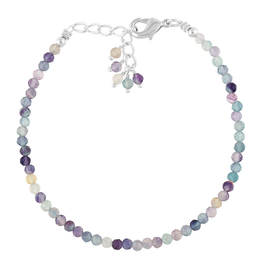 CRYSTALINES Natural Multi Fluorite Gemstones Beads Bracelets, Real Crystals Jewelry, Birthstone, Handmade, Beaded Bracelet, Silver Plated, Adjustable Chain- 7+1inch, Women Bracelet, AAA Grade