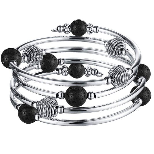 PEARL&CLUB Beaded Chakra Bangle Turquoise Bracelet - Fashion Jewelry Wrap Bracelet with Thick Silver Metal and Mala Beads, Birthday Gifts For Women(63-Lava Black)