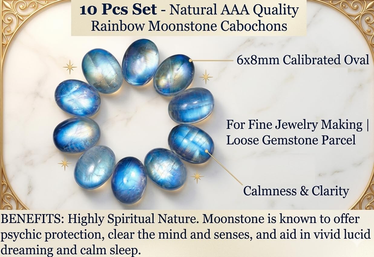 6x8mm Oval Rainbow Moonstone AAA Quality Natural Calibrated Cabochon Loose Gemstone 10 pcs Box.
