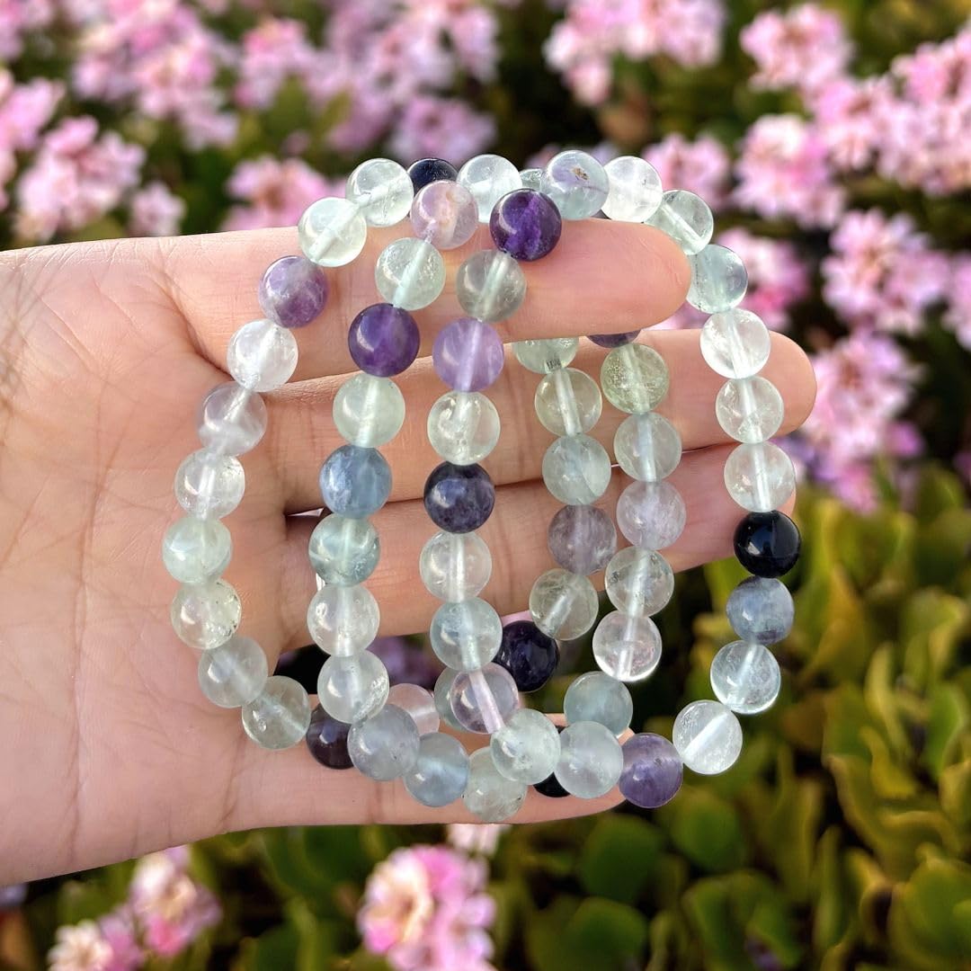 Adabele Real Natural Multicolor Fluorite Gemstone Beaded Bracelet 8.5 inch Stretch Chakra Healing Crystal Stone Jewelry Women Mom Gift GB8-D2