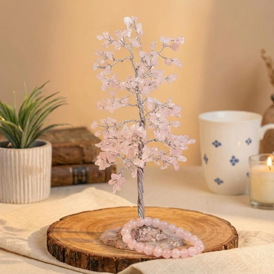 ZAARIYA Rose Quartz Crystal Tree with Bracelet for Home Decor, Healing, Spiritual Gifting, Room Decor, New Year & Good Luck Gifting | Made from Genuine Crystal Stones (9 x 3 Inches)