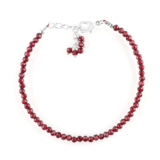 CRYSTALINES Natural Mozambique Garnet Gemstones Beads Bracelets, Round Beaded Jewelry, Handmade, Women Bracelet, January Birthstones, Silver Plated, Adjustable Chain, 8inch