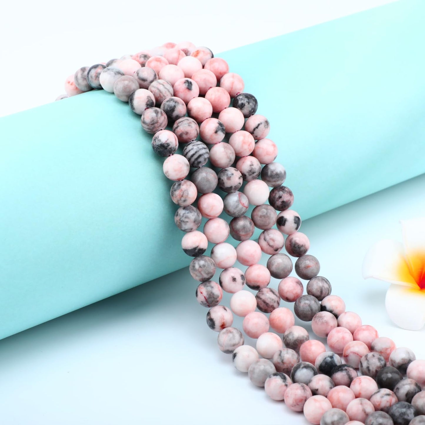 CMBYN Natural Stone Beads Round Genuine Real Stone Beading Strand Loose Gemstones DIY Smooth Bead for Bracelet Necklace Earrings Jewelry Making (Pink Zebra, 8mm 45 Pieces)