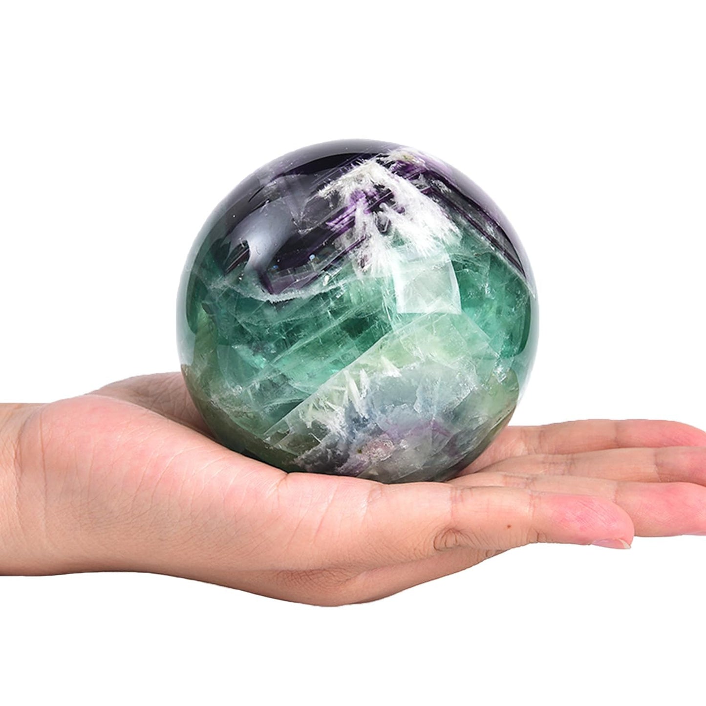 JIC Gem 2.7-3.1 inch(70-80mm) Large Crystal Ball Feather Fluorite Healing Crystals Sphere with Wooden Stand Meditation Home Decor