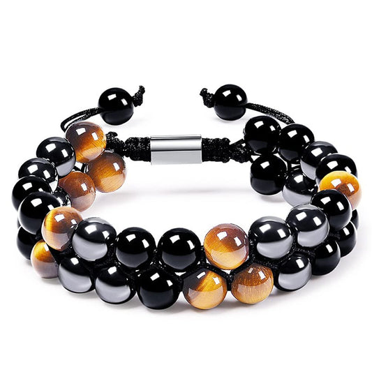 WEFRIN Triple Protection Bracelet for Bring Luck and Prosperity Hematite Black Obsidian Tiger Eye Stone Bracelets for Men Women, Beaded Buddha Rope Uni Bracelet (2pcs)(A(1))