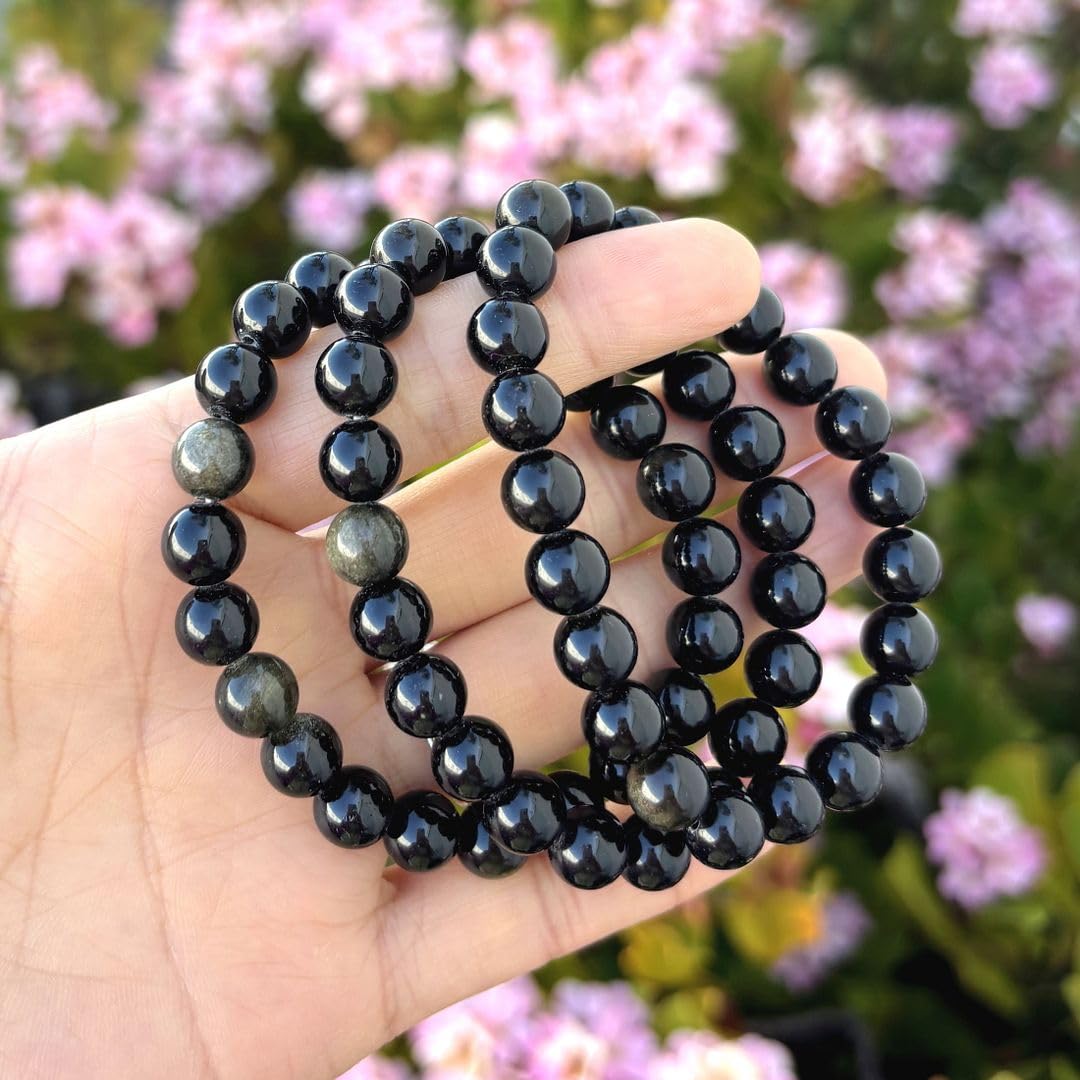 Adabele Real Natural Gold Sheen Obsidian Gemstone Beaded Bracelet 8.5 inch Stretch Chakra Healing Crystal Stone Jewelry Energy Quartz Rock GB8-D24