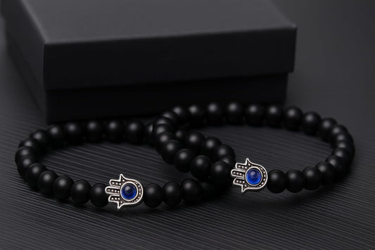 Jendfert Obsidian Energy Beaded Bracelet, Black Tourmaline Beads, Feng Shui Chakra Healing Double Guardian Bracelet, 8mm Black Onyx Beads, Personalized Gift for Men and Women（2 PSC Evil Eye）