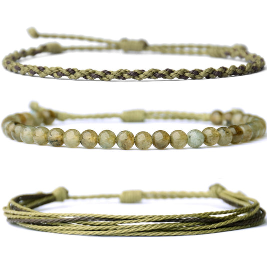 Handmade Natural Stone Beaded Healing Bracelet Gift for Men Adjustable Rope String Bracelet (Green Labradorite, Adjustable)