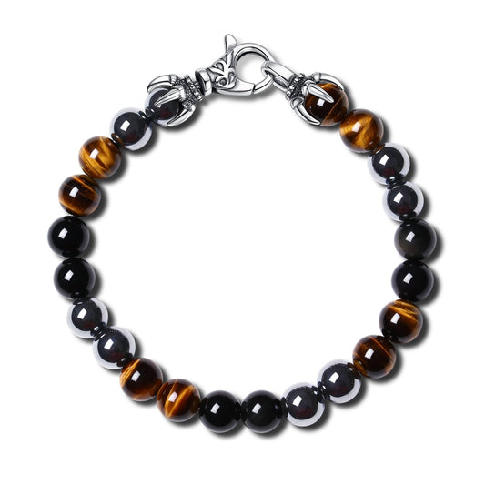 GAVU Triple Protection Bracelet, 8mm Hematite Tiger Eye Obsidian Crystal Bracelet for Men 8.9"