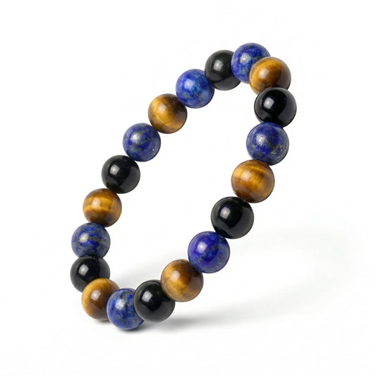 Atminafays 8MM Healing Crystal Bracelet - Black Obsidian, Tiger Eye & Lapis Lazuli | Triple Protection Stone Jewelry, Adjustable 6.5-8", Spiritual Gift