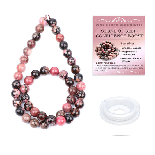 CMBYN Natural Stone Beads Round Genuine Real Stone Beading Strand Loose Gemstones DIY Smooth Bead for Bracelet Necklace Earrings Jewelry Making (Pink Black Rhodonite, 8mm 45 Pieces)