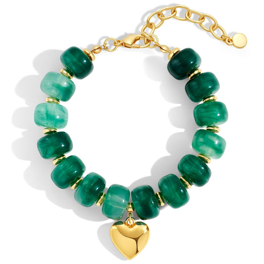FAUTHENTICUTE Boho Green Beaded Bracelets for Women Chunky Bead Strand With A Small Gold Heart Charm Trendy Stacking Bracelet Gift Perfect Summer Beach Jewelry Gift