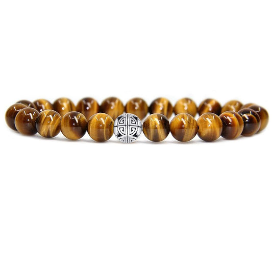 MetJakt Healing Crystals Beaded Bracelets for Womens Natural Gemstone 8mm Beads Stretch Bracelets with 925 Sterling Silver Double Happiness Pendant (Tiger Eye)