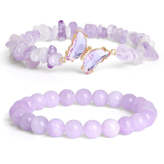 GolbalJew Purple Jade Stone Bracelet for Women Healing Crystal Stone Butterfly Charms Bracelets Gemstone Beads Stretch Bracelet Jewelry Women Gift