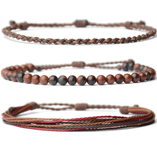 Handmade Natural Stone Beaded Healing Bracelet Gift for Men Adjustable Rope String Bracelet (Mahogany Obsidian, Adjustable)