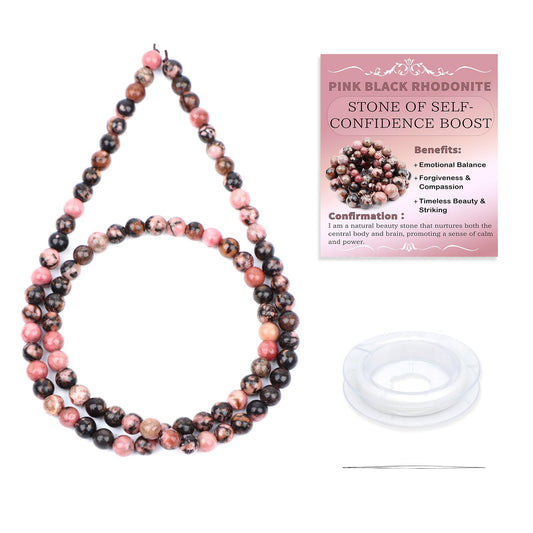 CMBYN Natural Stone Beads Round Genuine Real Stone Beading Strand Loose Gemstones DIY Smooth Bead for Bracelet Necklace Earrings Jewelry Making (Pink Black Rhodonite, 4mm 90 Pieces)